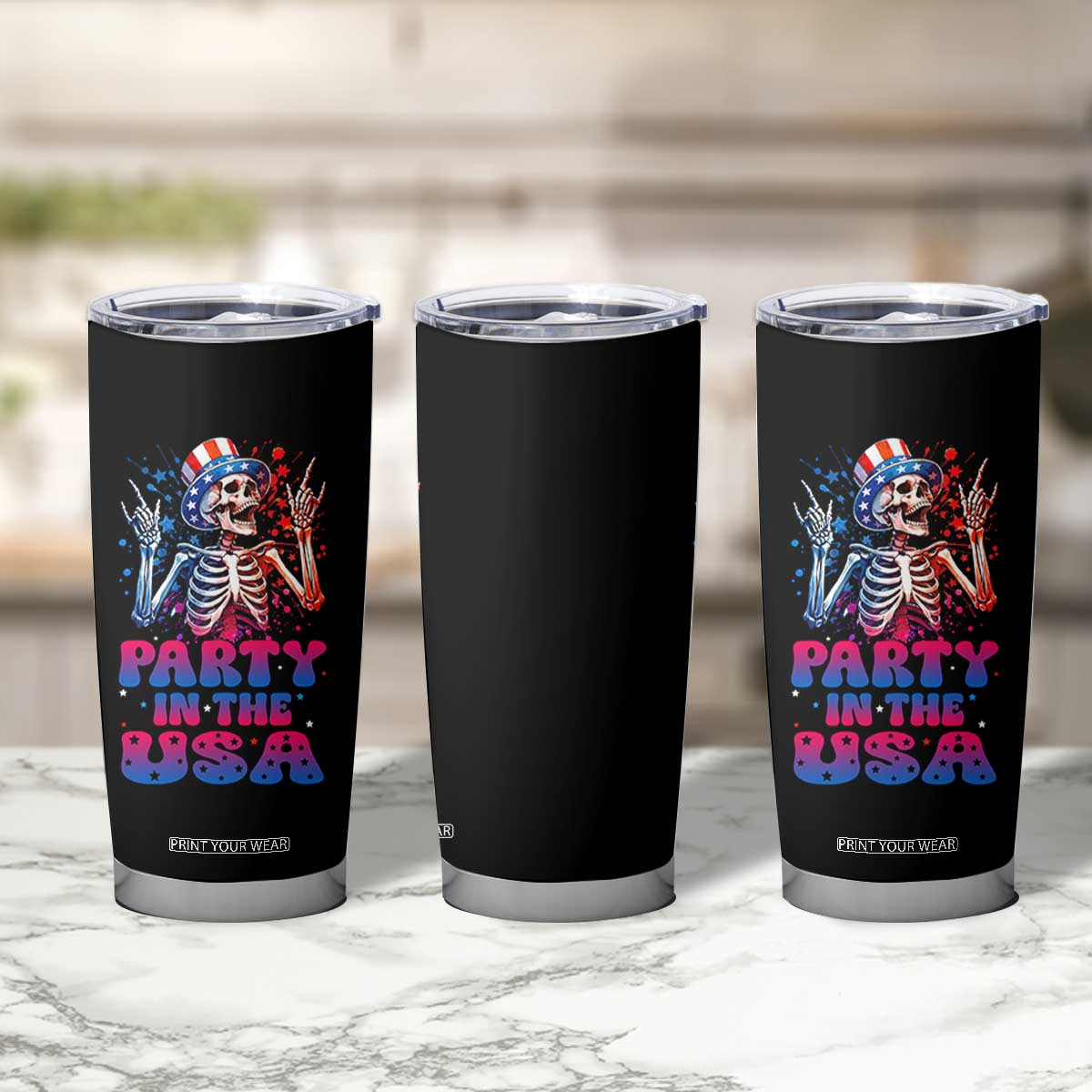 Funny Party In The USA Skeleton Rock Hand Tumbler Cup 4th Of July Rocker Gift