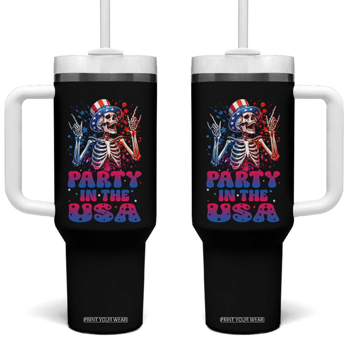 Funny Party In The USA Skeleton Rock Hand Tumbler With Handle 4th Of July Rocker Gift TS12 One Size: 40 oz Black Print Your Wear