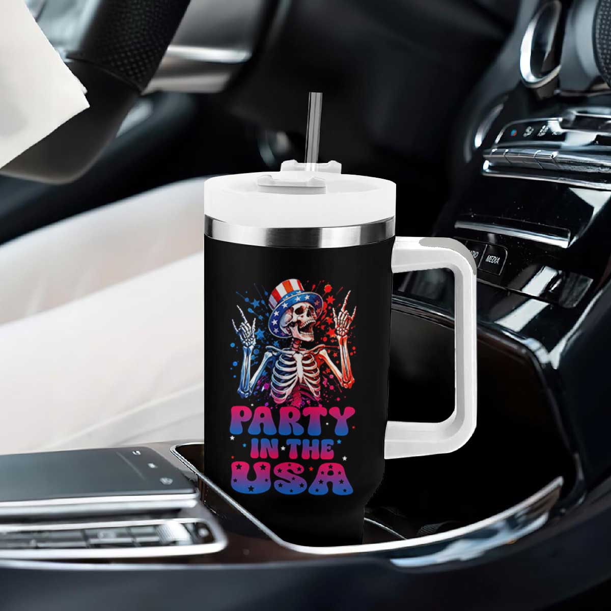Funny Party In The USA Skeleton Rock Hand Tumbler With Handle 4th Of July Rocker Gift TS12 Print Your Wear