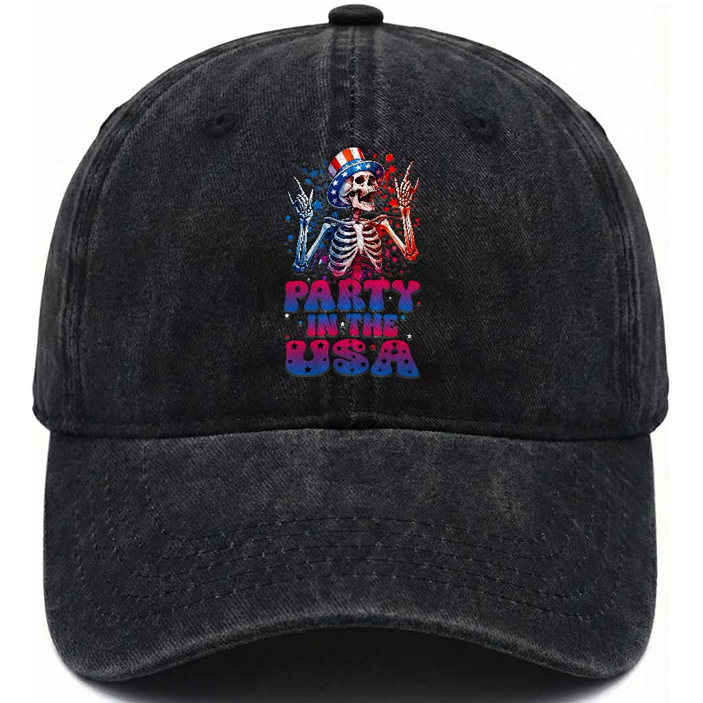 Funny Party In The USA Skeleton Rock Hand Washed Cotton Baseball Cap 4th Of July Rocker Gift