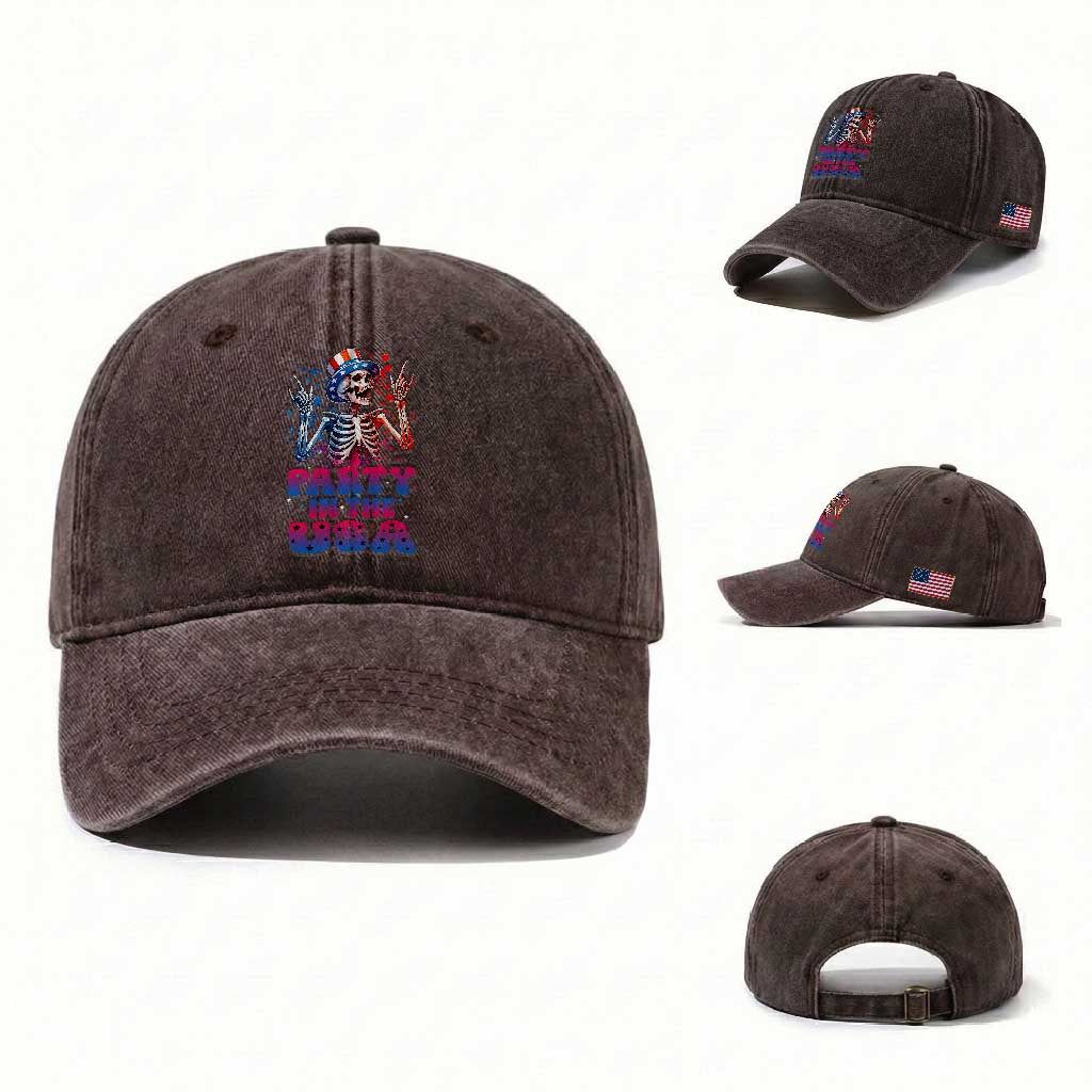 Funny Party In The USA Skeleton Rock Hand Washed Cotton Baseball Cap 4th Of July Rocker Gift