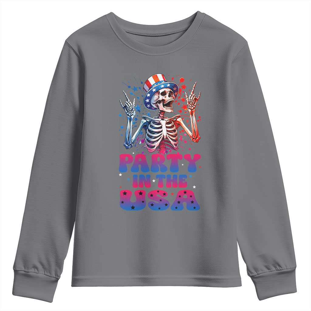 Funny Party In The USA Skeleton Rock Hand Youth Sweatshirt 4th Of July Rocker Gift TS12 Charcoal Print Your Wear
