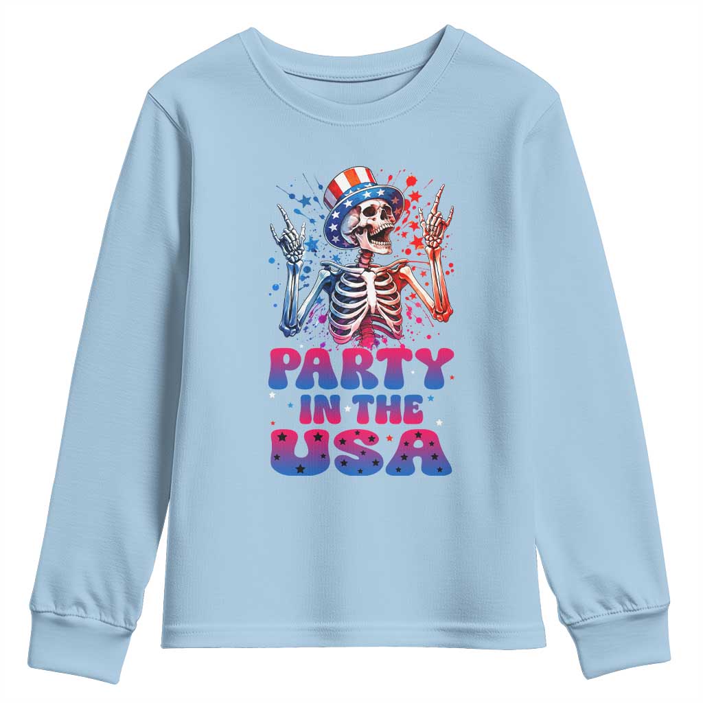 Funny Party In The USA Skeleton Rock Hand Youth Sweatshirt 4th Of July Rocker Gift TS12 Light Blue Print Your Wear