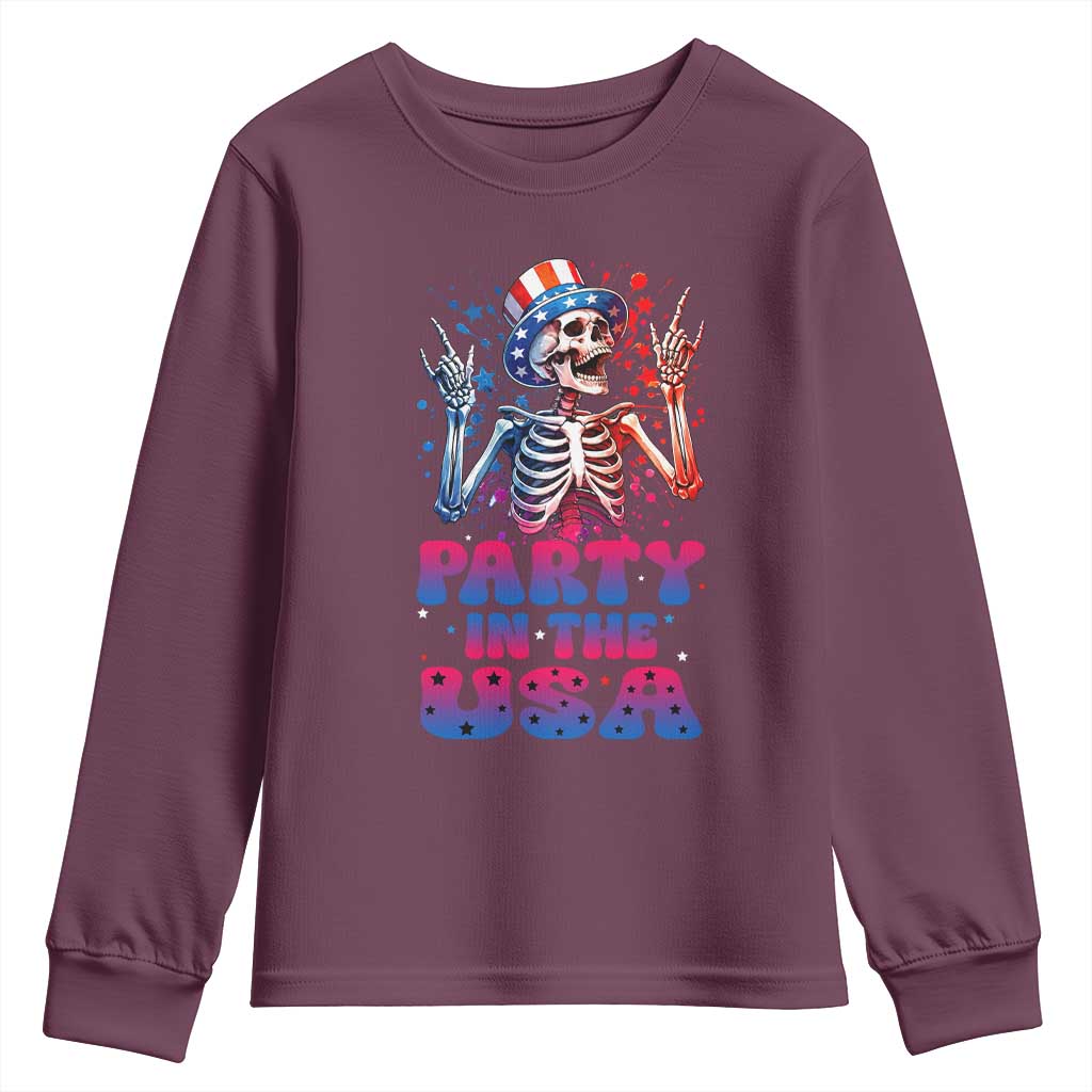 Funny Party In The USA Skeleton Rock Hand Youth Sweatshirt 4th Of July Rocker Gift TS12 Maroon Print Your Wear