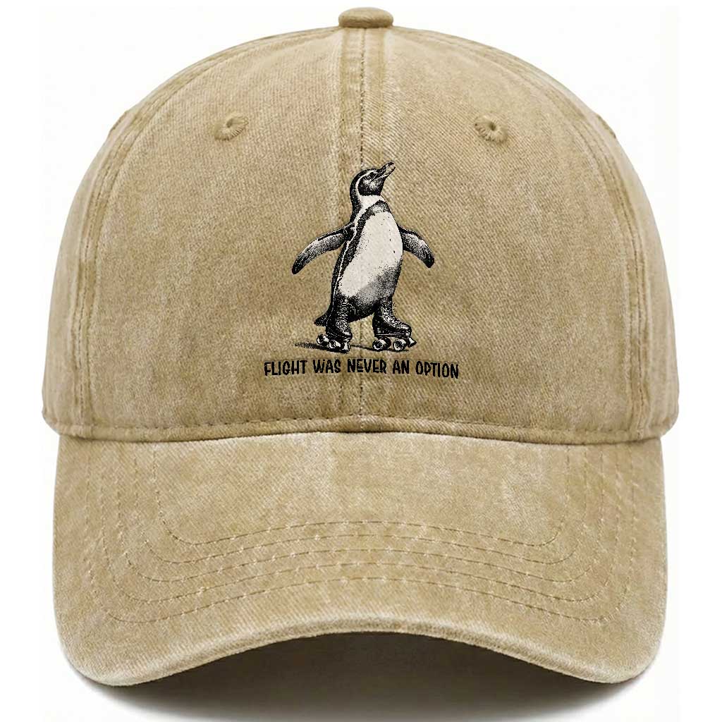 Flight Was Never An Option Washed Cotton Baseball Cap Funny Penguin Roller Skates