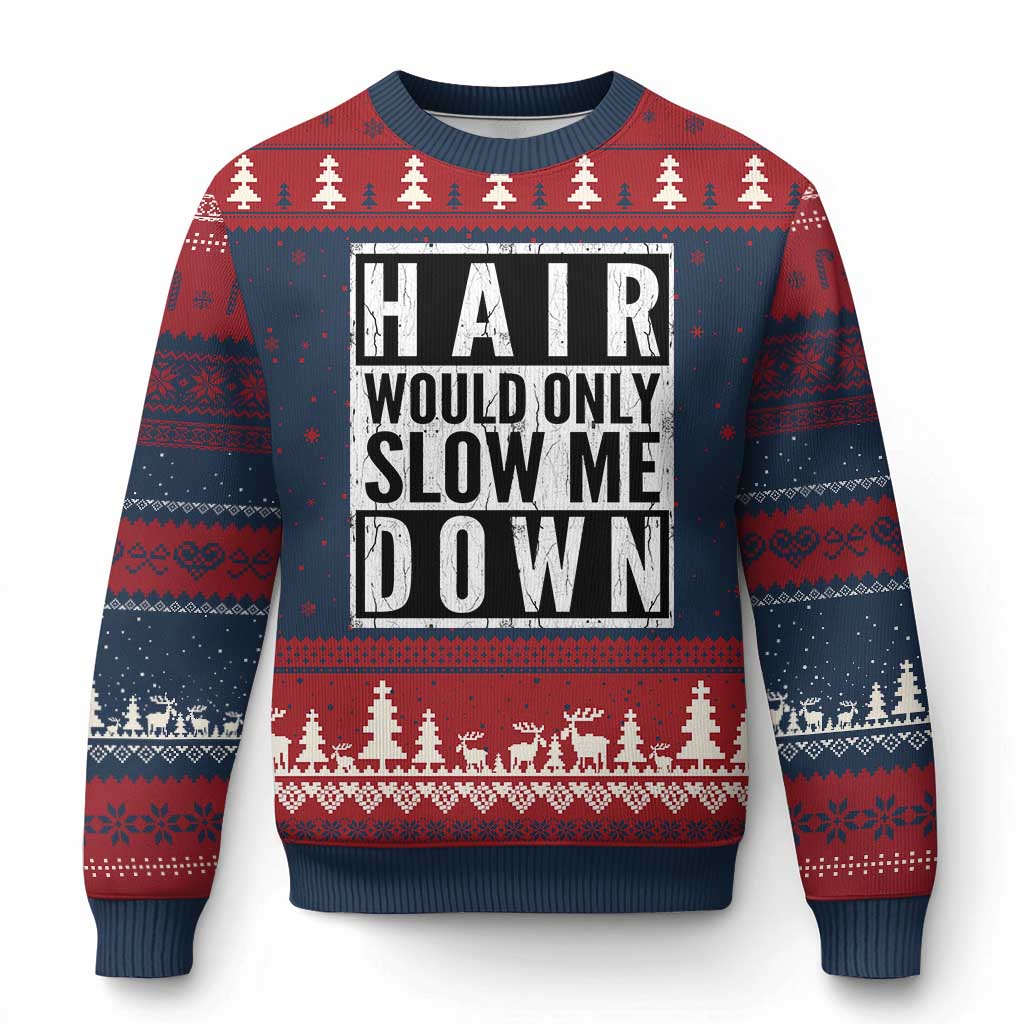 Funny Bald Men Gift Ugly Christmas Sweater Hair Would Only Slow Me Down TS12 Navy Red Print Your Wear