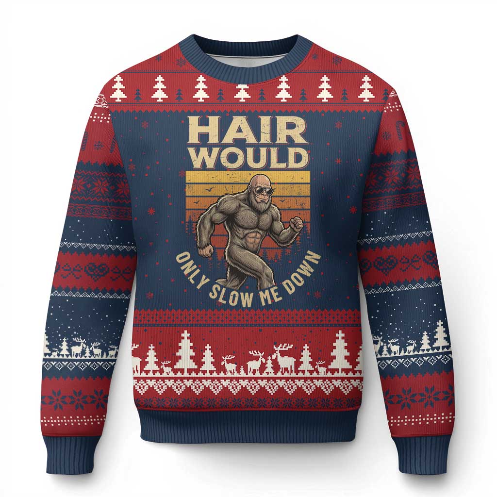 Funny Bald Bigfoot Ugly Christmas Sweater Hair Would Only Slow Me Down TS12 Navy Red Print Your Wear