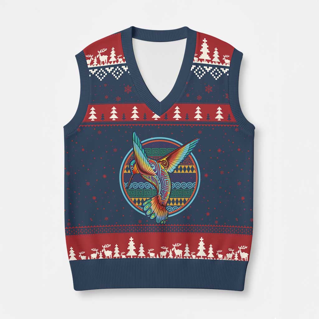 Colorful Geometric Tribal Hummingbird V-Neck Knit Sweater Vest Southwest Pattern Graphic TS12 Navy Red Print Your Wear