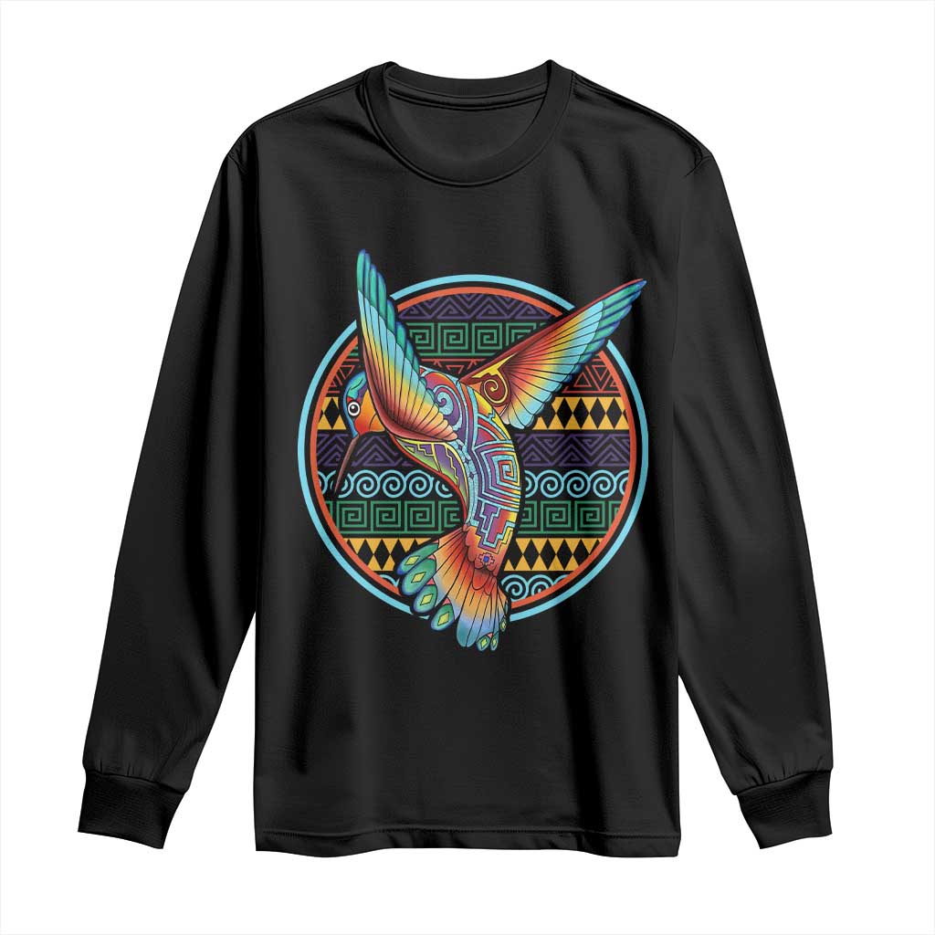 Colorful Geometric Tribal Hummingbird Long Sleeve Shirt Southwest Pattern Graphic TS12 Black Print Your Wear