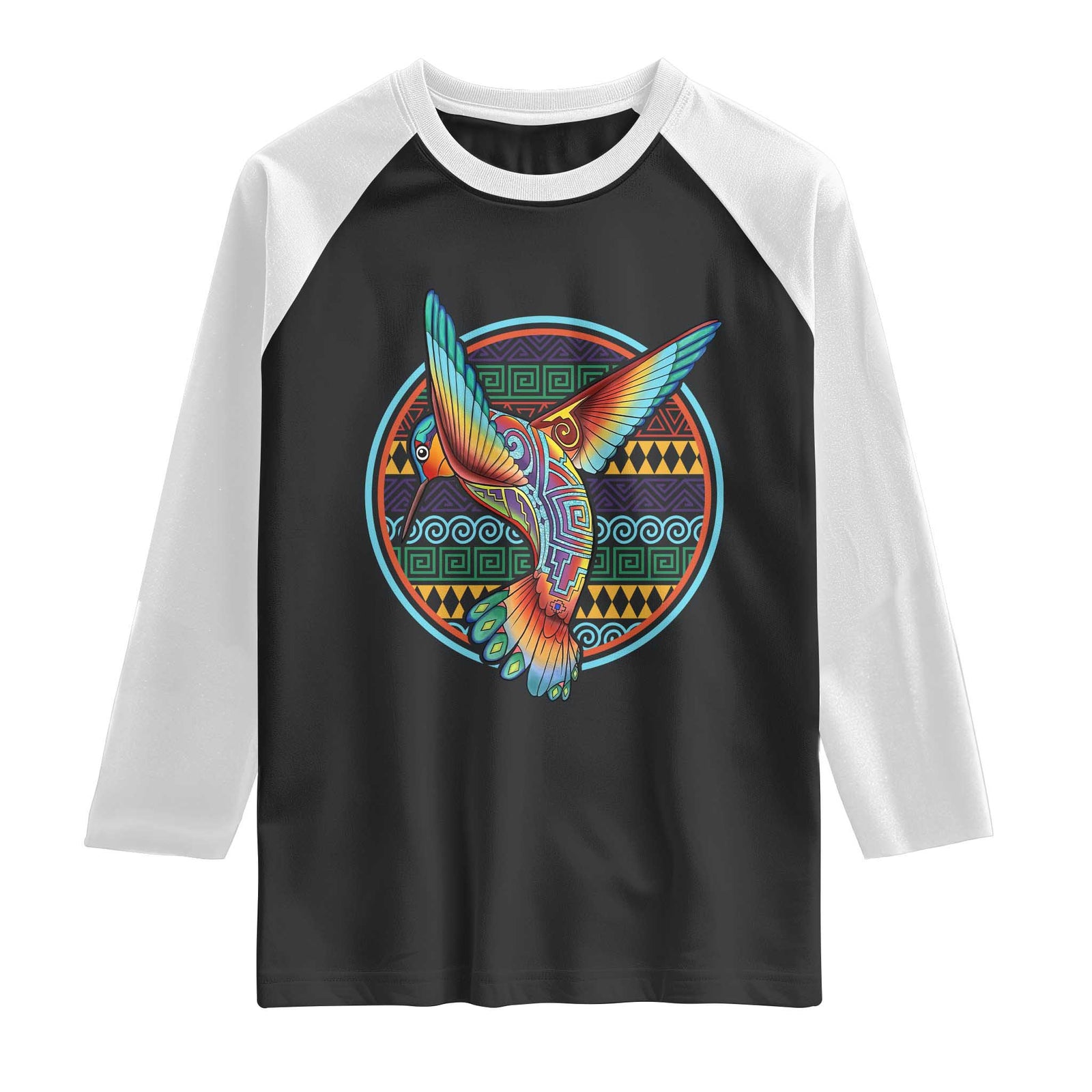 Colorful Geometric Tribal Hummingbird Raglan Shirt Southwest Pattern Graphic TS12 Black White Print Your Wear