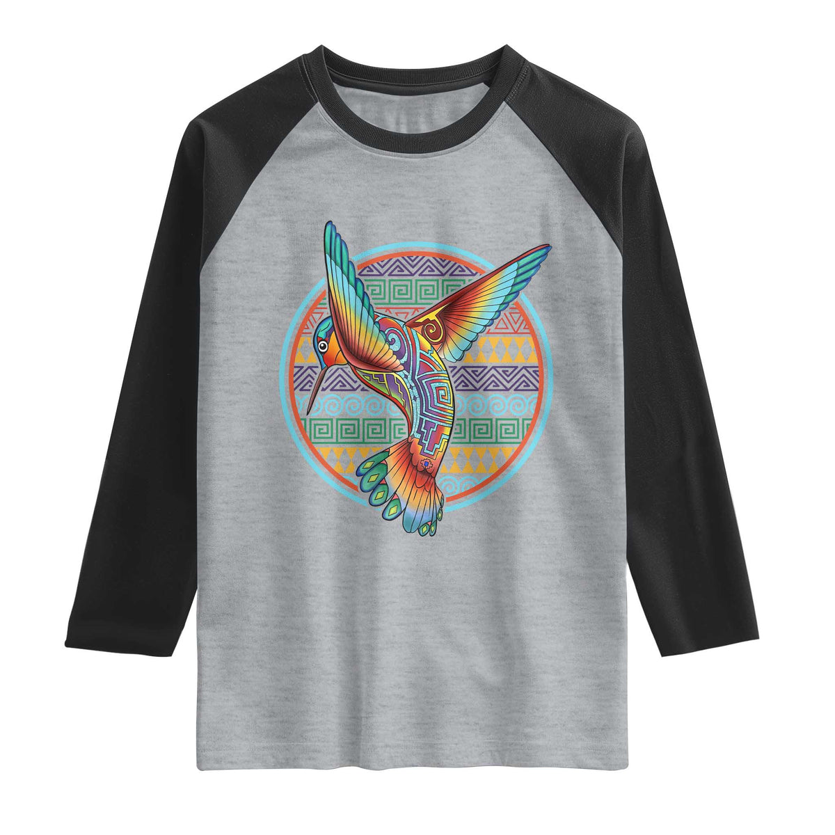 Colorful Geometric Tribal Hummingbird Raglan Shirt Southwest Pattern Graphic