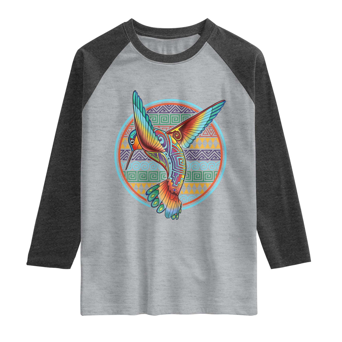 Colorful Geometric Tribal Hummingbird Raglan Shirt Southwest Pattern Graphic