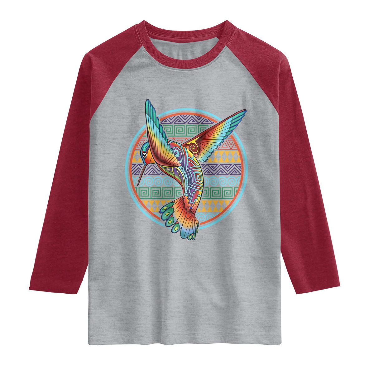Colorful Geometric Tribal Hummingbird Raglan Shirt Southwest Pattern Graphic