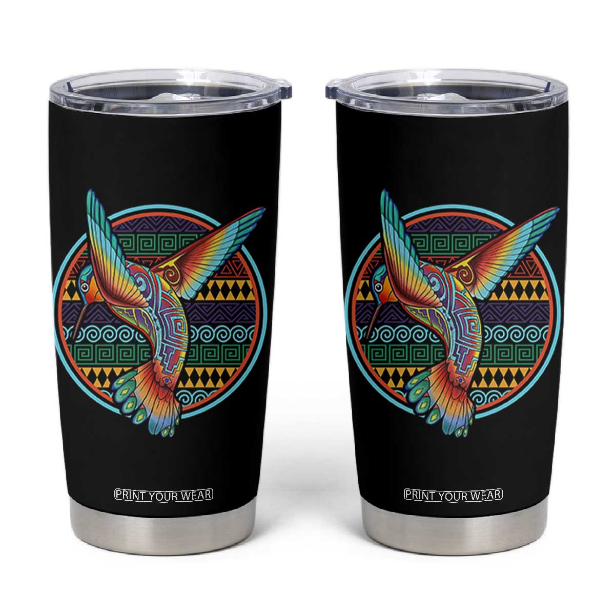 Colorful Geometric Tribal Hummingbird Tumbler Cup Southwest Pattern Graphic