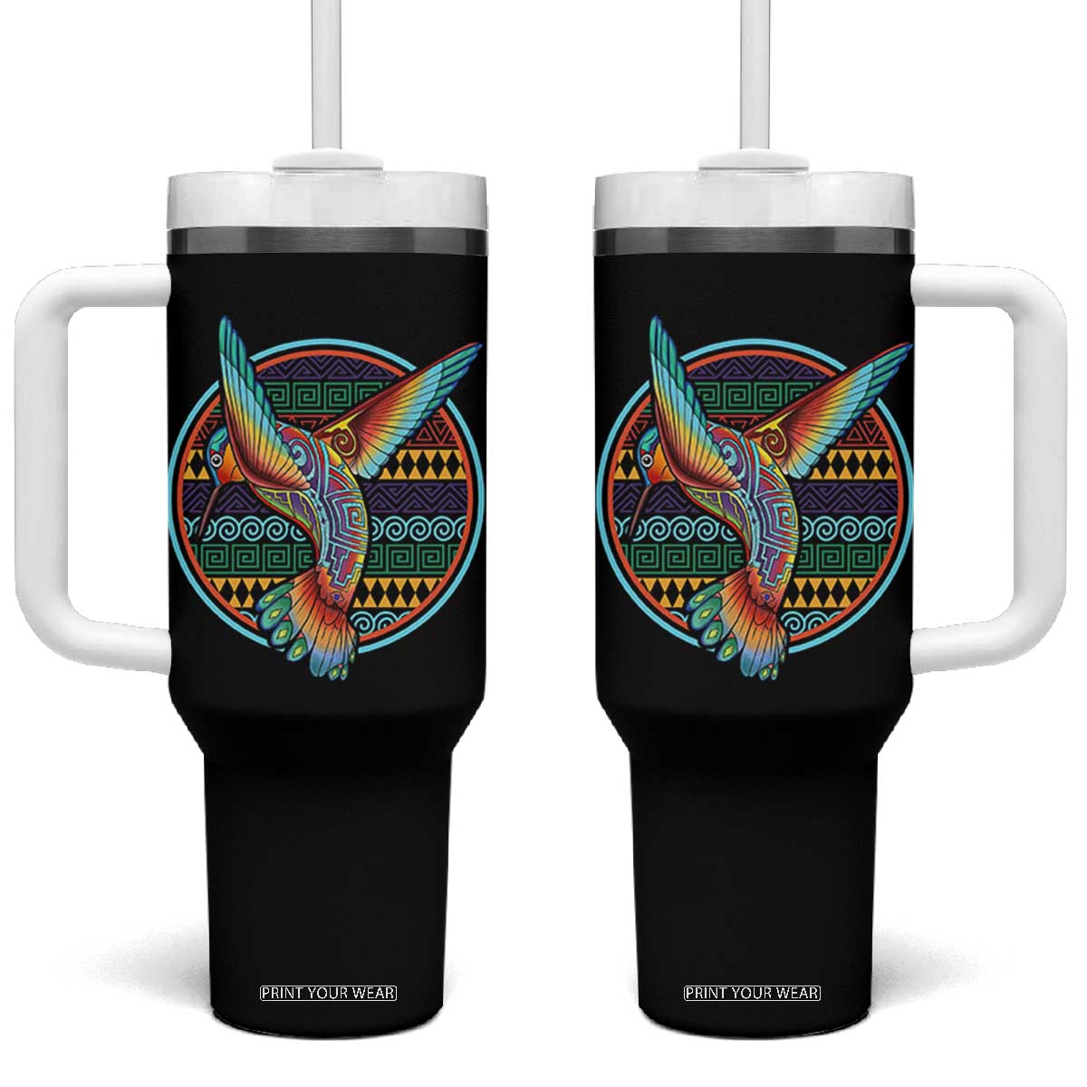 Colorful Geometric Tribal Hummingbird Tumbler With Handle Southwest Pattern Graphic TS12 One Size: 40 oz Black Print Your Wear