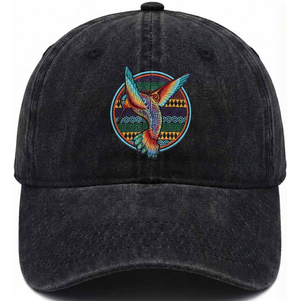 Colorful Geometric Tribal Hummingbird Washed Cotton Baseball Cap Southwest Pattern Graphic TS12 Print Your Wear