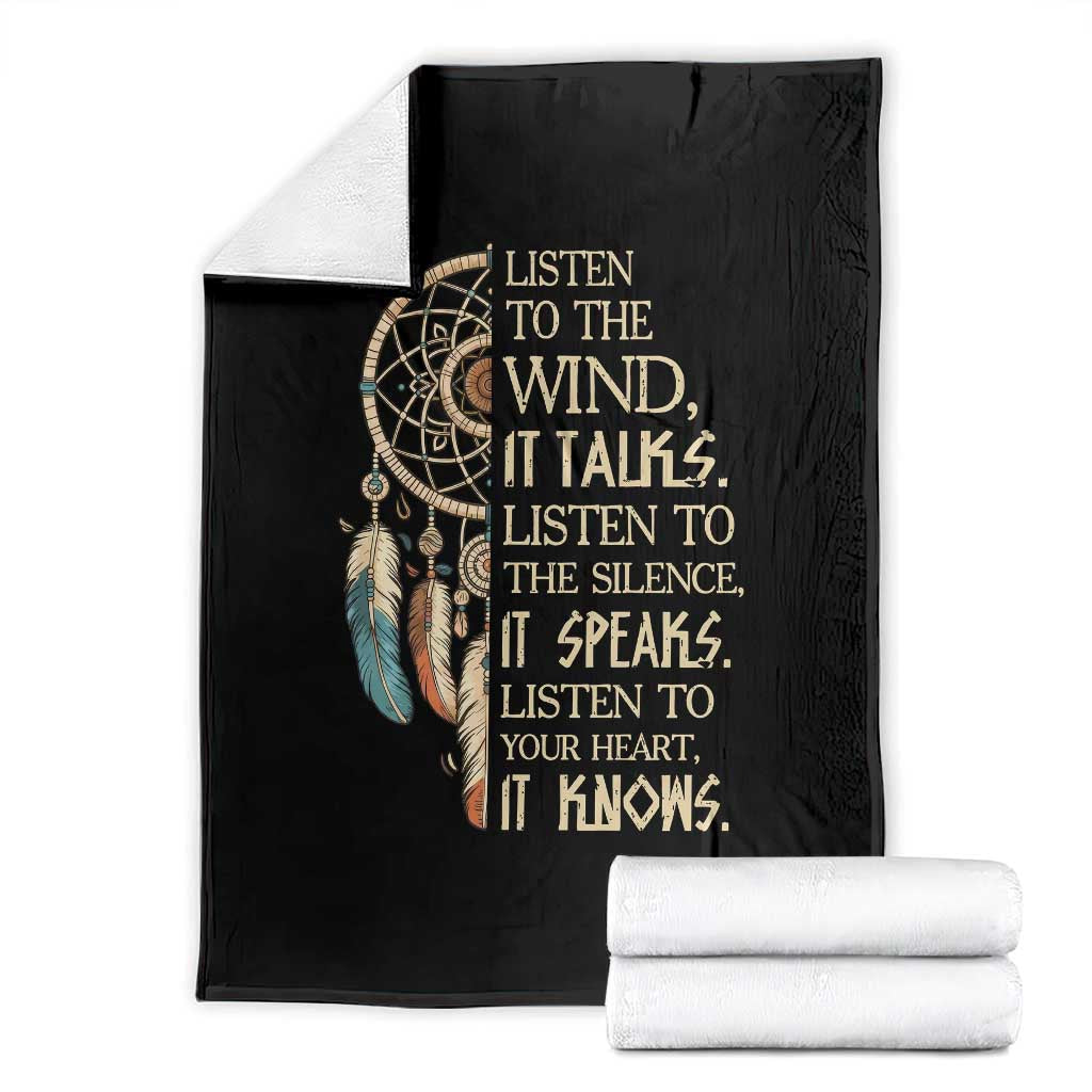 Indigenous Dreamcatcher Tribal Graphic Throw Blanket Listen To The Wind Listen To The Silence TS12 Black Print Your Wear