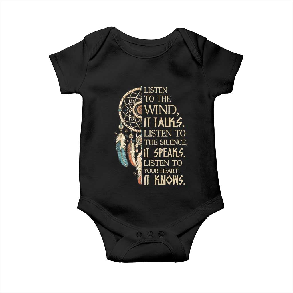 Indigenous Dreamcatcher Tribal Graphic Baby Onesie Listen To The Wind Listen To The Silence TS12 Black Print Your Wear