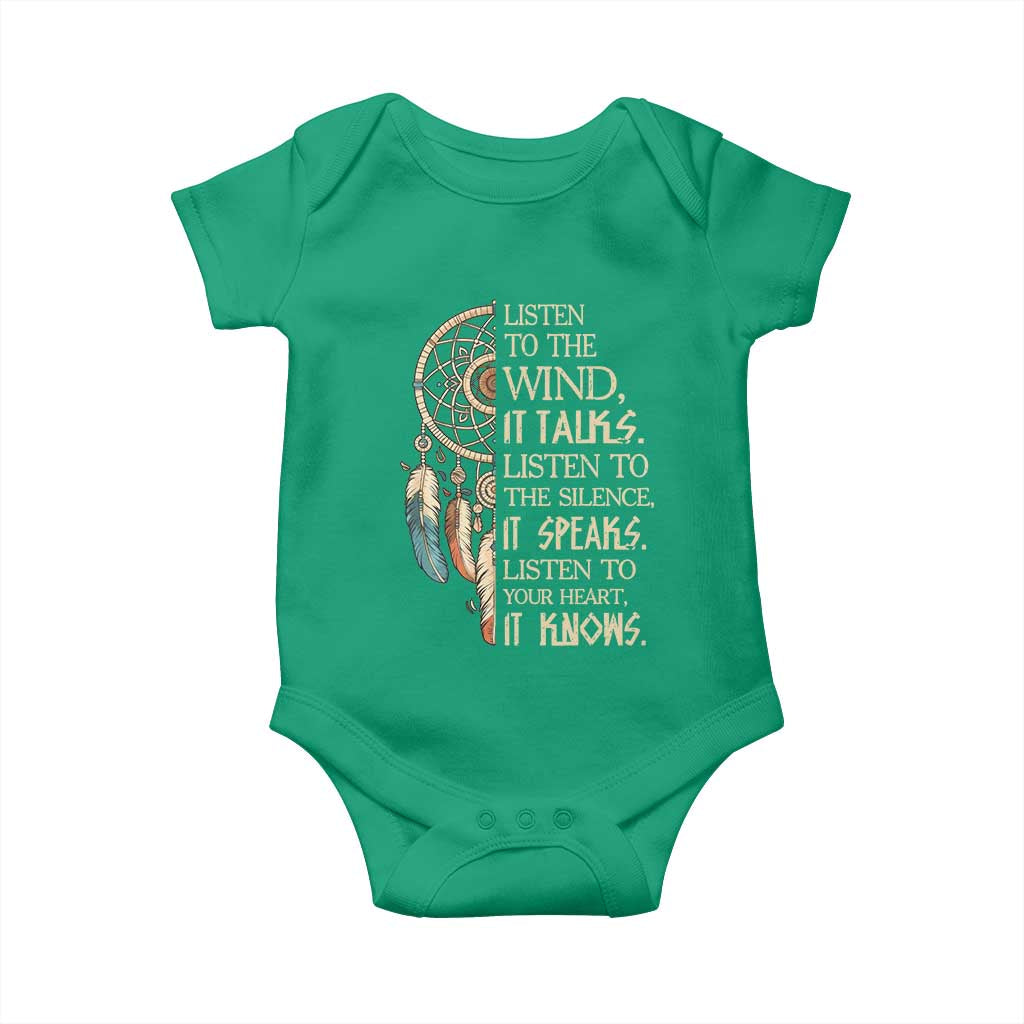 Indigenous Dreamcatcher Tribal Graphic Baby Onesie Listen To The Wind Listen To The Silence