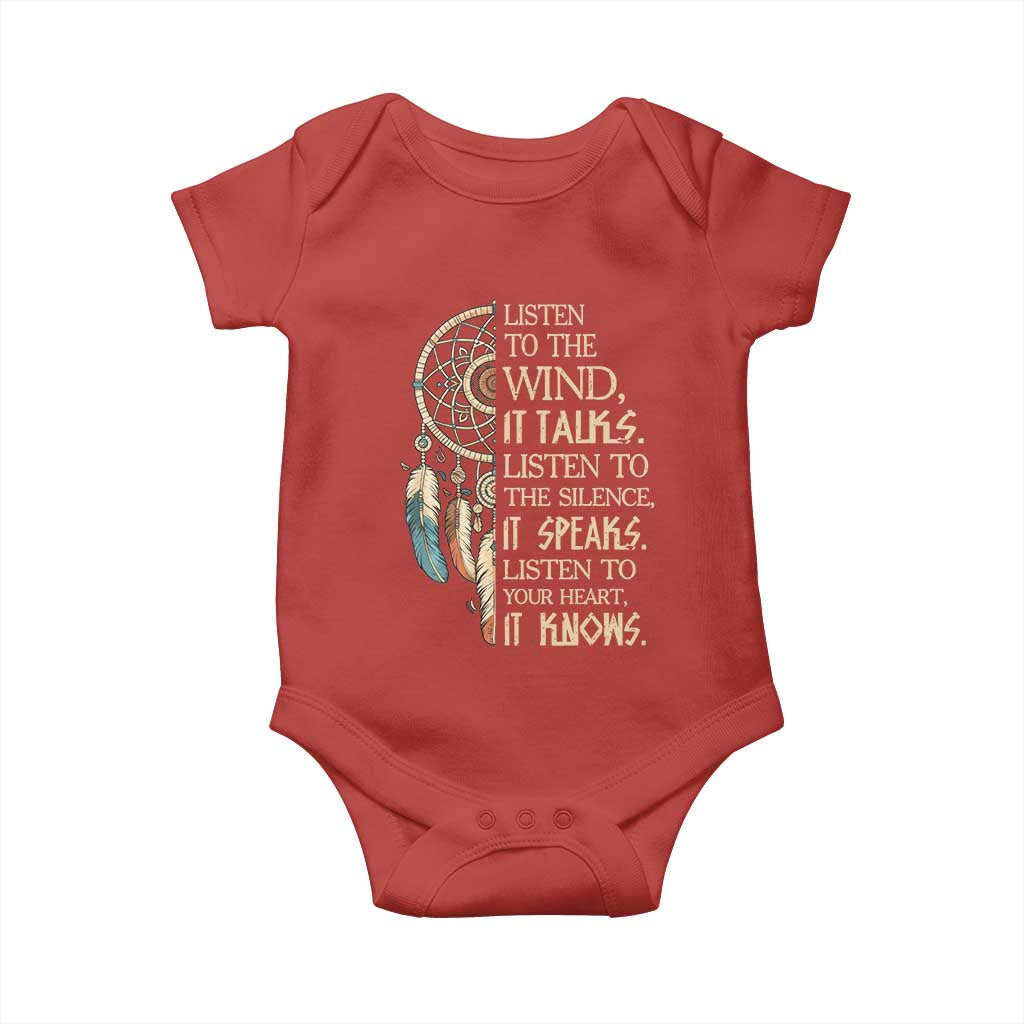 Indigenous Dreamcatcher Tribal Graphic Baby Onesie Listen To The Wind Listen To The Silence