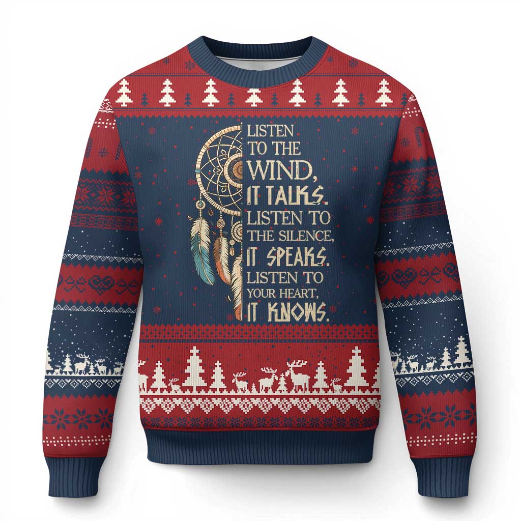 Indigenous Dreamcatcher Tribal Graphic Ugly Christmas Sweater Listen To The Wind Listen To The Silence TS12 Navy Red Print Your Wear
