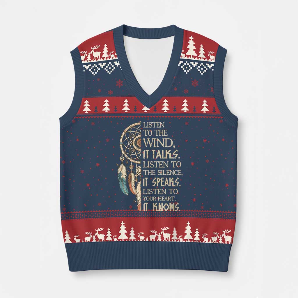 Indigenous Dreamcatcher Tribal Graphic V-Neck Knit Sweater Vest Listen To The Wind Listen To The Silence TS12 Navy Red Print Your Wear