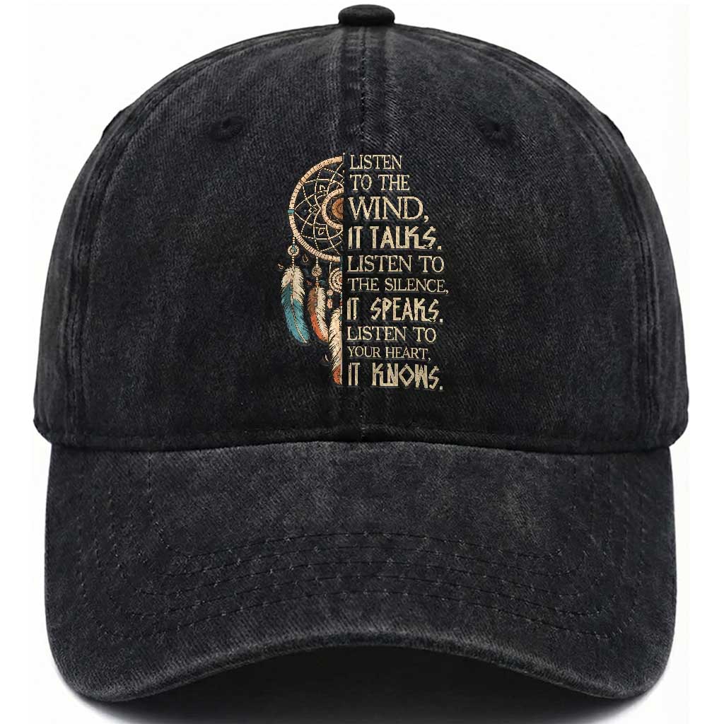 Indigenous Dreamcatcher Tribal Graphic Washed Cotton Baseball Cap Listen To The Wind Listen To The Silence TS12 Print Your Wear