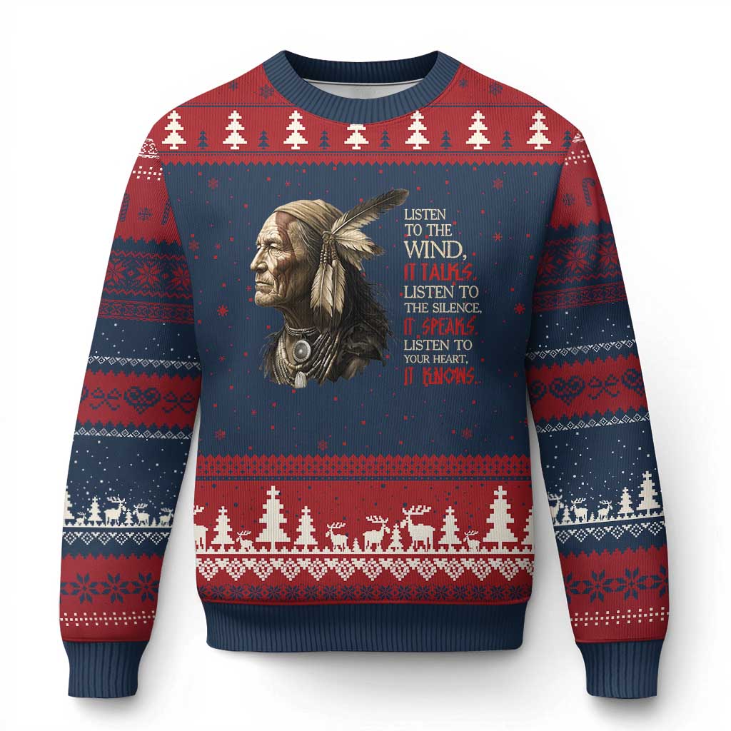 Listen To The Wind Listen To The Silence Ugly Christmas Sweater Native American Wisdom TS12 Navy Red Print Your Wear
