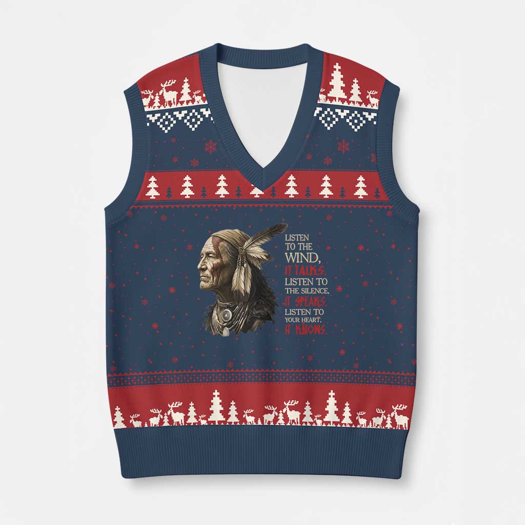 Listen To The Wind Listen To The Silence V-Neck Knit Sweater Vest Native American Wisdom