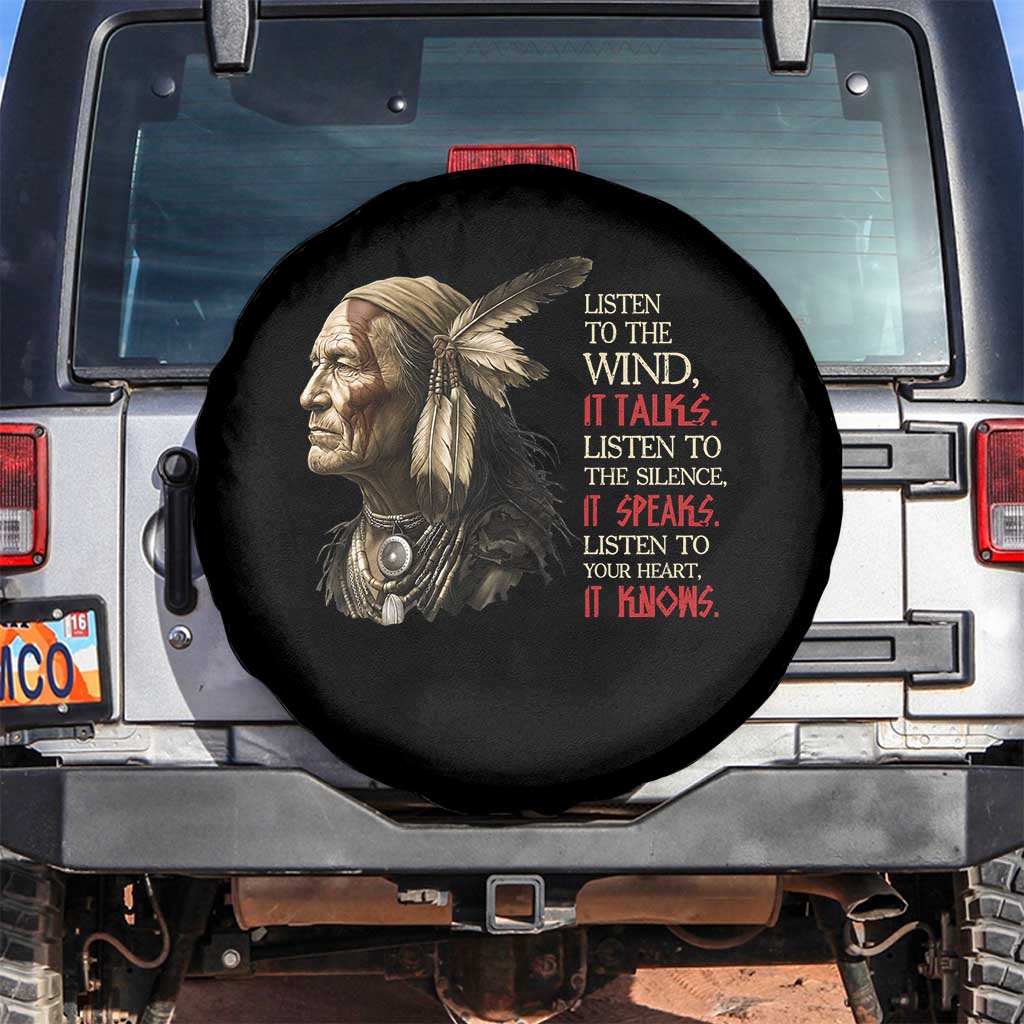 Listen To The Wind Listen To The Silence Spare Tire Cover Native American Wisdom TS12 No hole Black Print Your Wear