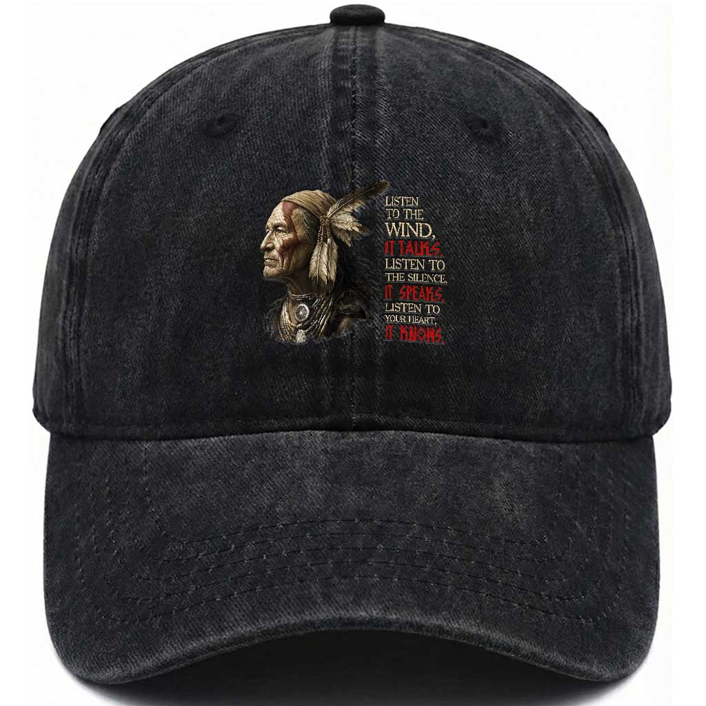 Listen To The Wind Listen To The Silence Washed Cotton Baseball Cap Native American Wisdom TS12 Print Your Wear