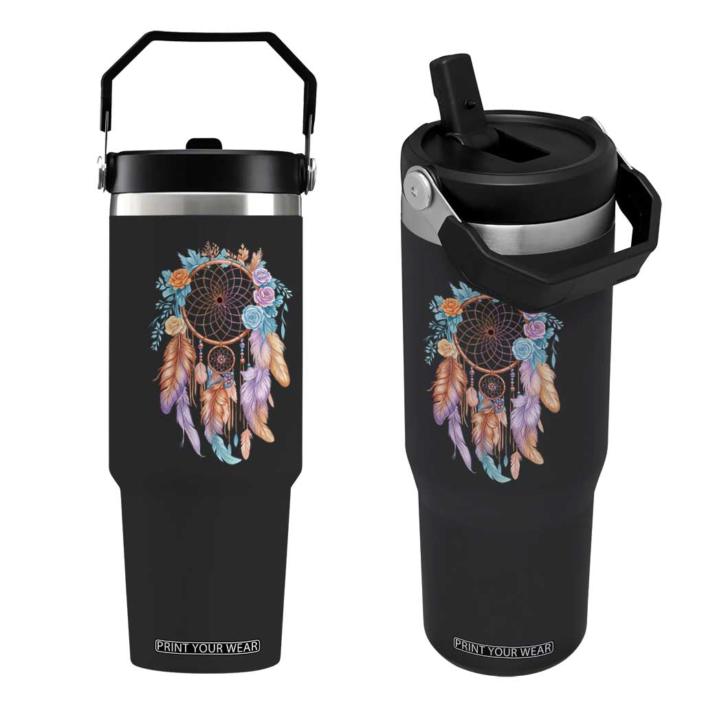 Dream Catcher Colorful Boho Floral Feather Graphic Flip Straw Tumbler TS12 One Size: 30 oz Black Print Your Wear