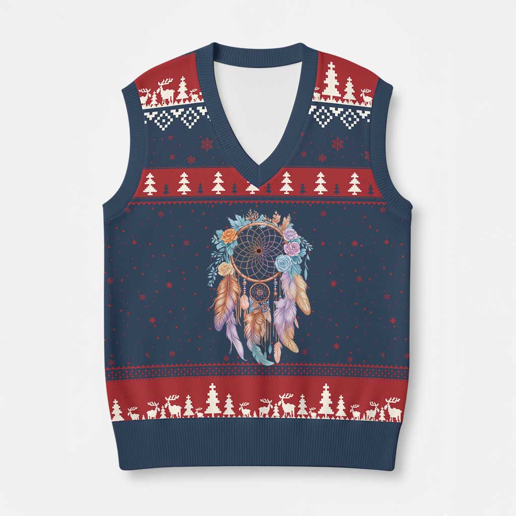 Dream Catcher Colorful Boho Floral Feather Graphic V-Neck Knit Sweater Vest TS12 Navy Red Print Your Wear