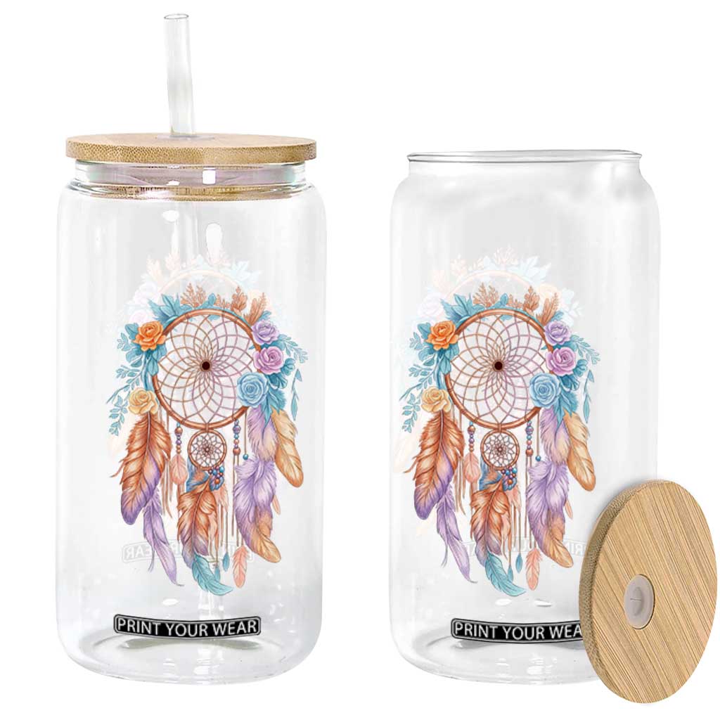 Dream Catcher Colorful Boho Floral Feather Graphic Glass Can