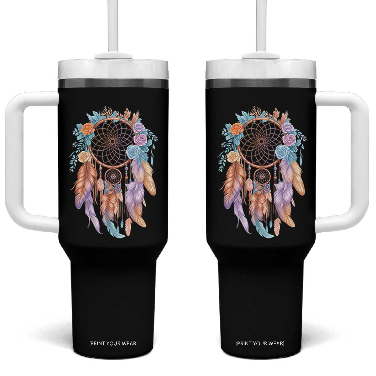 Dream Catcher Colorful Boho Floral Feather Graphic Tumbler With Handle