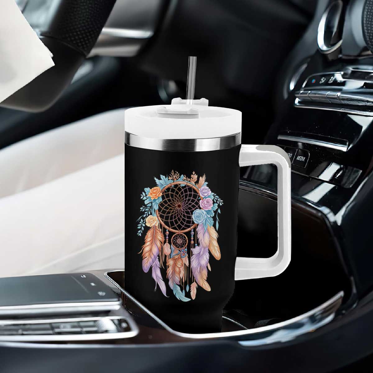 Dream Catcher Colorful Boho Floral Feather Graphic Tumbler With Handle