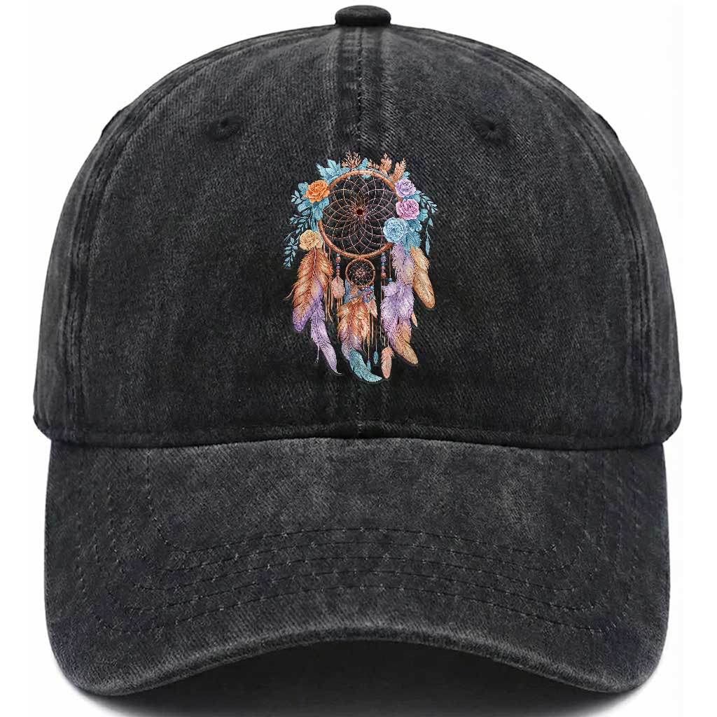 Dream Catcher Colorful Boho Floral Feather Graphic Washed Cotton Baseball Cap TS12 Print Your Wear