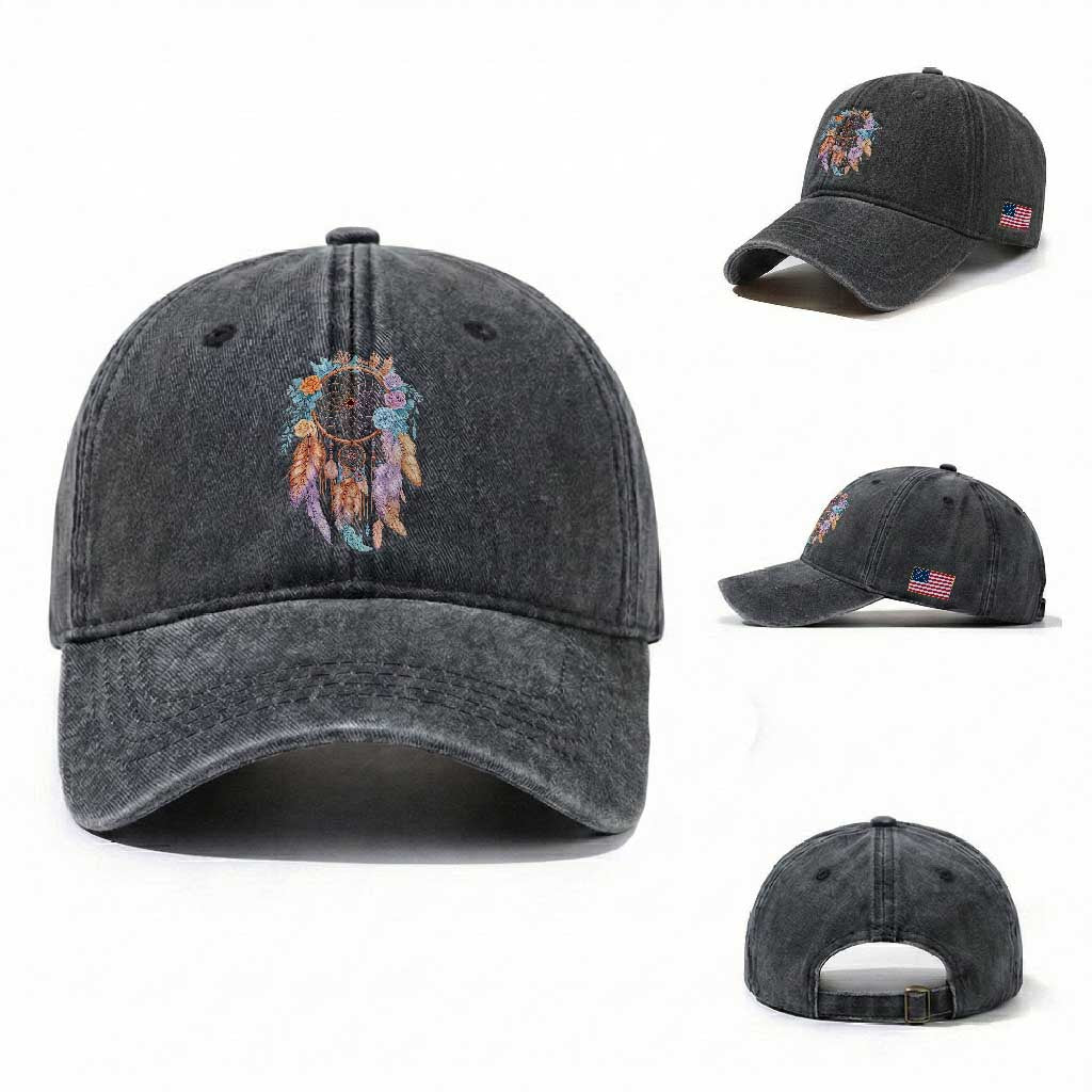 Dream Catcher Colorful Boho Floral Feather Graphic Washed Cotton Baseball Cap