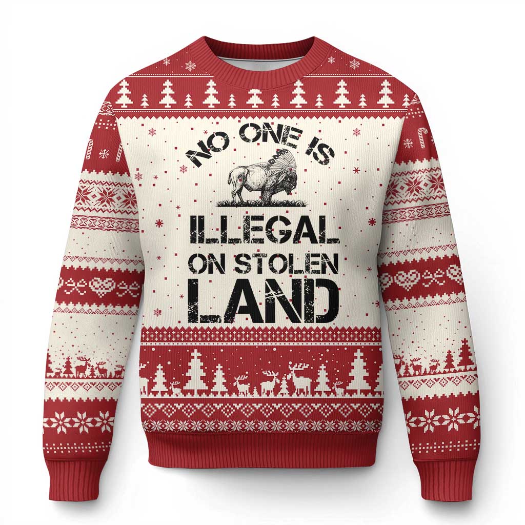Native American Buffalo Graphic Ugly Christmas Sweater No One Is Illegal On Stolen Land