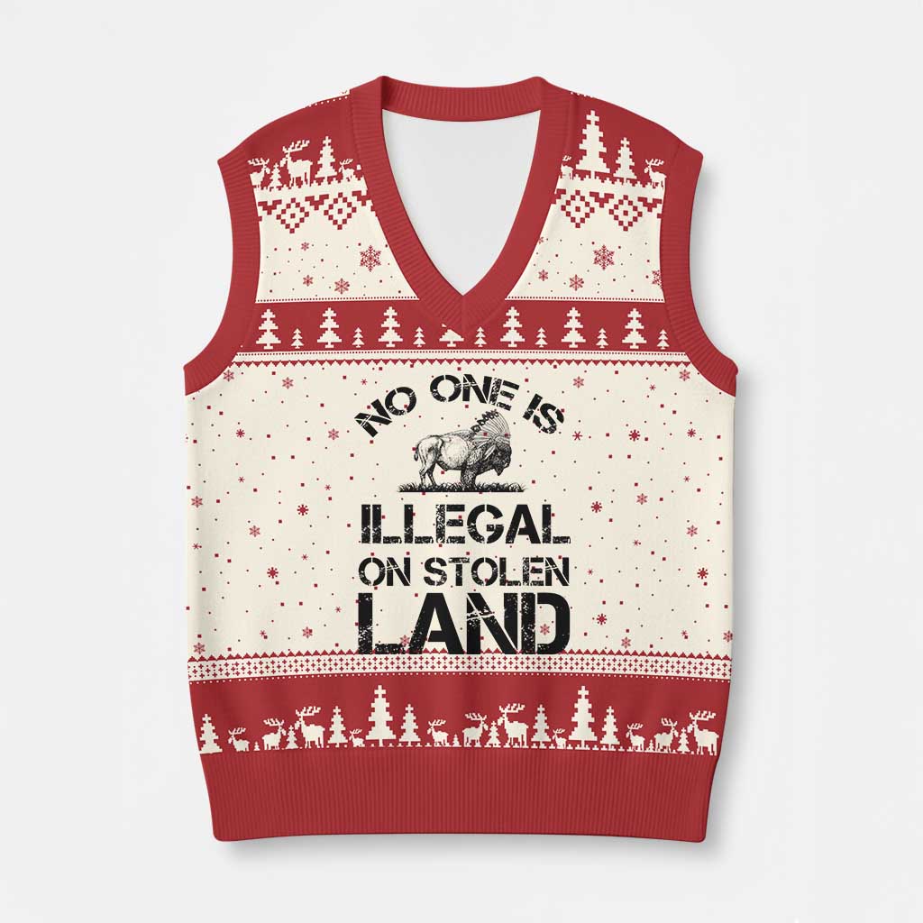 Native American Buffalo Graphic V-Neck Knit Sweater Vest No One Is Illegal On Stolen Land