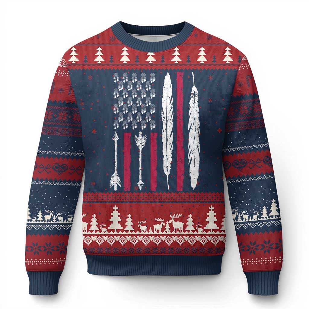 Vintage Native American Flag Ugly Christmas Sweater Dreamcatcher And Feather Graphic