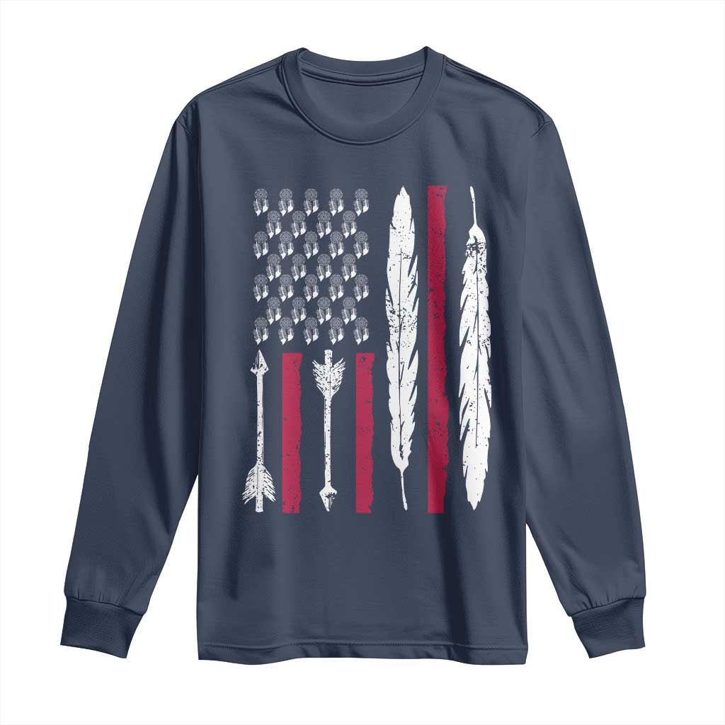 Vintage Native American Flag Long Sleeve Shirt Dreamcatcher And Feather Graphic