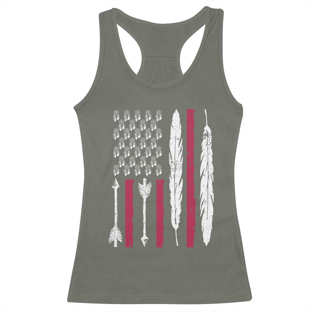 Vintage Native American Flag Racerback Tank Top Dreamcatcher And Feather Graphic