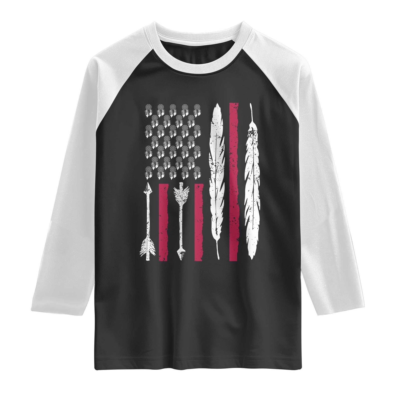 Vintage Native American Flag Raglan Shirt Dreamcatcher And Feather Graphic TS12 Black White Print Your Wear