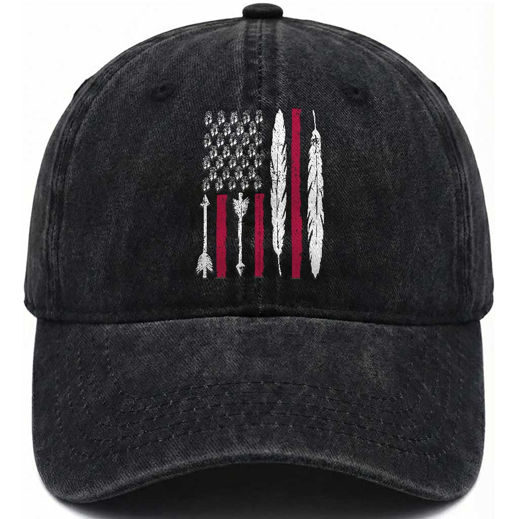 Vintage Native American Flag Washed Cotton Baseball Cap Dreamcatcher And Feather Graphic TS12 Print Your Wear