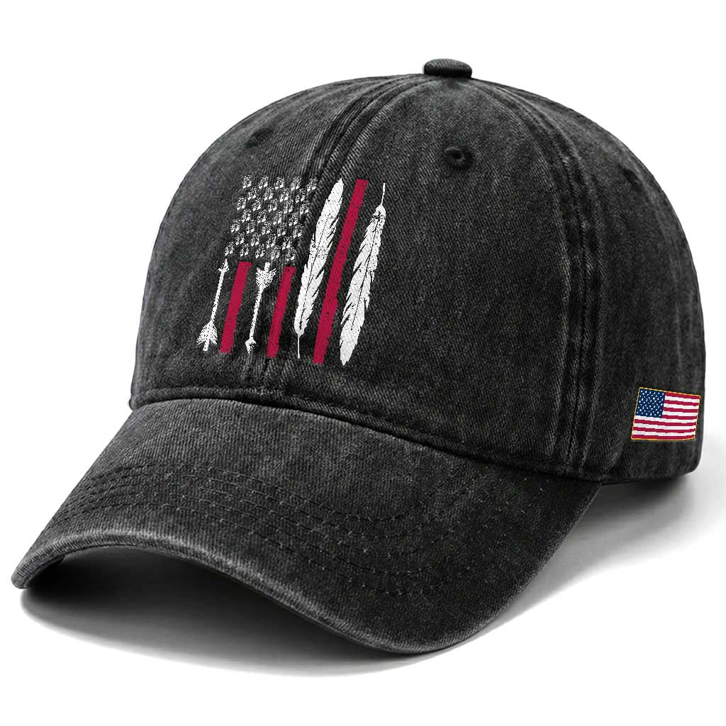Vintage Native American Flag Washed Cotton Baseball Cap Dreamcatcher And Feather Graphic