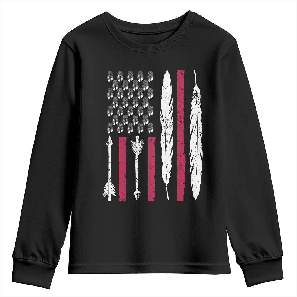 Vintage Native American Flag Youth Sweatshirt Dreamcatcher And Feather Graphic TS12 Black Print Your Wear