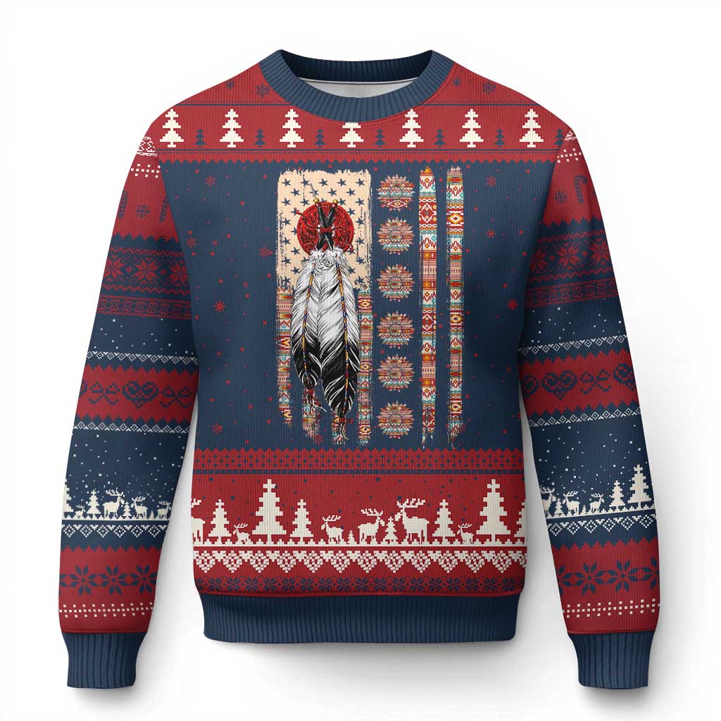 Proud Native American Flag Ugly Christmas Sweater Tribal Sunflower Indigenous Peoples Day Gift
