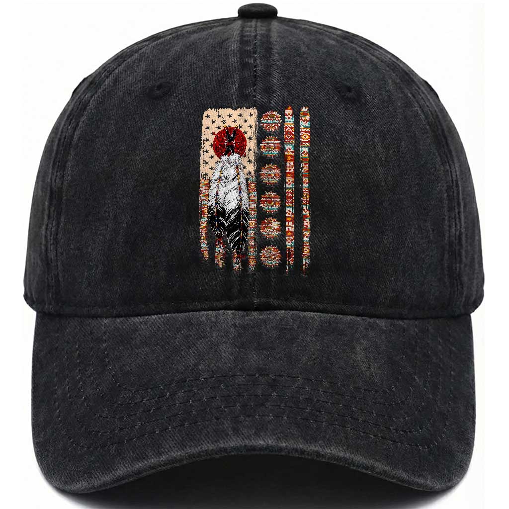 Proud Native American Flag Washed Cotton Baseball Cap Tribal Sunflower Indigenous Peoples Day Gift TS12 Print Your Wear