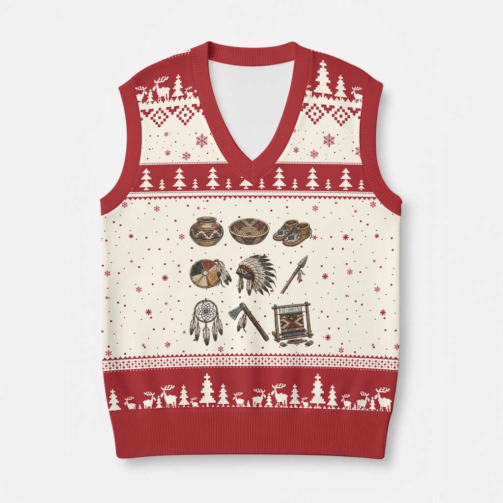 Indigenous Cultural Artifacts V-Neck Knit Sweater Vest Native American Heritage Graphic